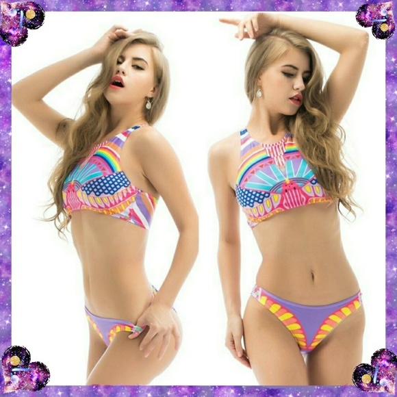 2020 Neon Aztec Print Two Piece Halter Bikini - Picture 6 of 7
